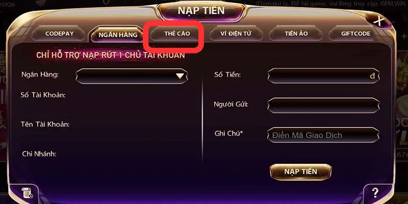 Giao dịch gửi vốn vào tài khoản cổng game thông qua thẻ cào